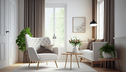 Fototapeta na wymiar Modern interior design armchair sofa in living room with near windows and mock up poster frame in wall at home, Neutral living room, empty nobody, 3D render by Generative AI