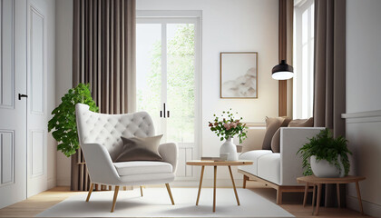 Fototapeta premium Modern interior design armchair sofa in living room with near windows and mock up poster frame in wall at home, Neutral living room, empty nobody, 3D render by Generative AI