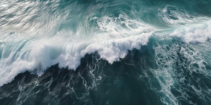 Gorgeous top-down drone image of deep sea waters with white waves splashing. Generative AI
