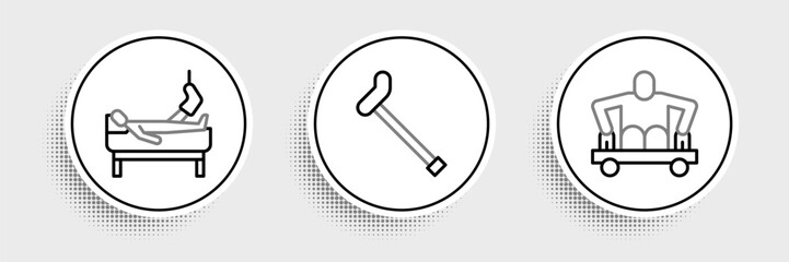 Set line Man without legs sitting wheelchair, Patient broken and Walking stick cane icon. Vector