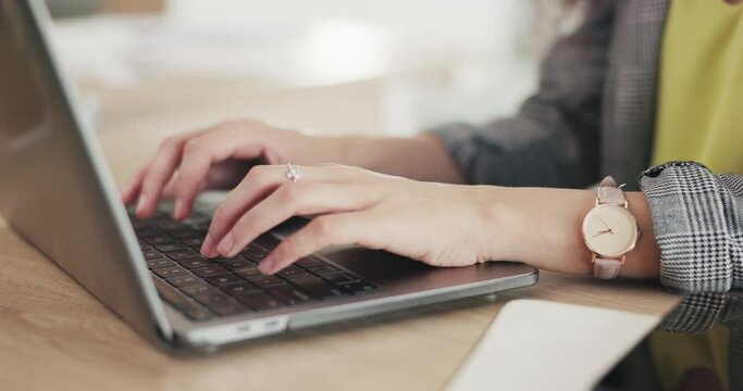 Business woman, laptop and hands typing on keyboard for schedule, planning or communication on office desk. Hand of female project planner working on computer to email tasks, idea or strategy at work