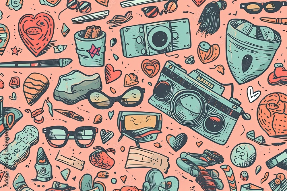 Poster colorful assortment of objects on a pink background created with generative ai technology