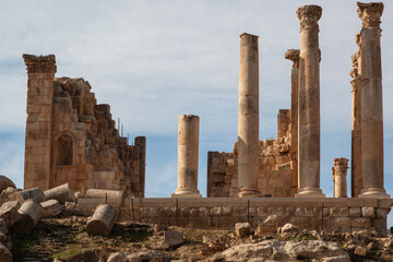 Jordan. Ruins of temple of Zeus. Temple of Zeus built in 1st century AD on high pedestal. Gerasa...