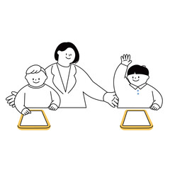 Vector illustration of children and teacher studying on a tablet. He raises his hand and asks the teacher a question.