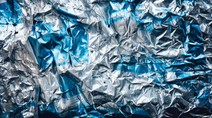 Blue and white crumbled aluminum tin foil texture, pattern (generative AI)