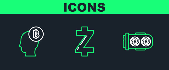 Set line Mining farm, Bitcoin think and Cryptocurrency Zcash ZEC icon. Vector