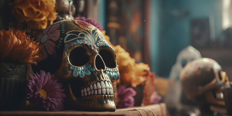 Traditional skull in a festive Day of the Dead altar arrangement. Generative AI