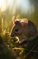Little brown mouse in the grass at warm sunny day. Generative AI.
