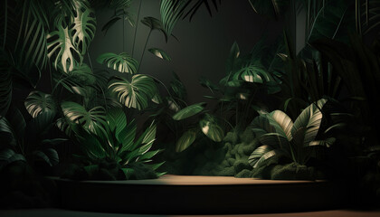 Display podium for product advertising luxurious. Background with tropical plants