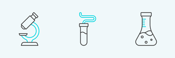Set line Test tube, Microscope and icon. Vector