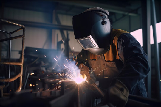 Skilled worker welds metal pipes at an industrial facility. Generative AI