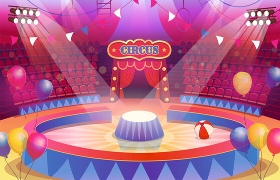 Circus arena with a round stage for the show. Empty stage interior with seats, flags, spotlights and balloons. Cartoon vector illustration