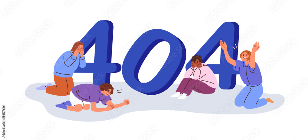 Aufkleber Page not Found, 404 web error, access failure. Technical mistake, unloaded website, unavailable page, wrong webpage, crying sad people. Flat graphic vector illustration isolated on white background