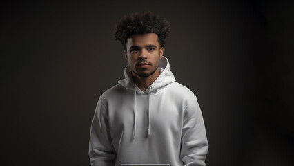 Fototapeta premium Handsome black man with brown eyes wearing simple white hoodie. Isolated on dark background. White hoodie mock up.
