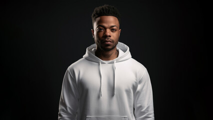 Obraz premium Handsome black man with brown eyes wearing simple white hoodie. Isolated on dark background. White hoodie mock up.