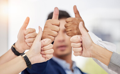Business people, hands and thumbs up in teamwork agreement for good job, winning or success at the...