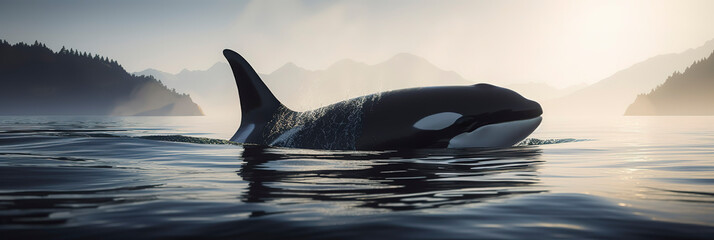 Stunning image of a killer whale majestically swimming in the ocean. Generative AI - obrazy, fototapety, plakaty