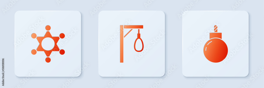 Poster set gallows, hexagram sheriff and bomb ready to explode. white square button. vector