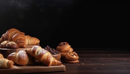 Croissants and bread frame with copy space. Generative ai