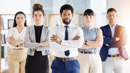 Fototapeta na wymiar Business people, portrait and serious team with arms crossed in confidence for leadership at the office. Diversity, men and women in corporate management, teamwork or company mission at the workplace