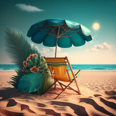 Summer Beach Holiday with Chair and Umbrella Beach. Generative AI