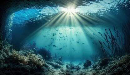 Fototapeta na wymiar Underwater sea in blue sunlight, Generate Ai