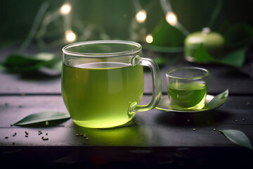 Glass cup with fresh green tea