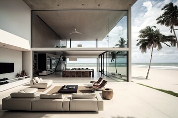 Fototapeta na wymiar beachfront villa with minimalist, modern design and sleek furnishings, created with generative ai