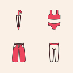 Set Leggings, Umbrella, Swimsuit and Pants icon. Vector