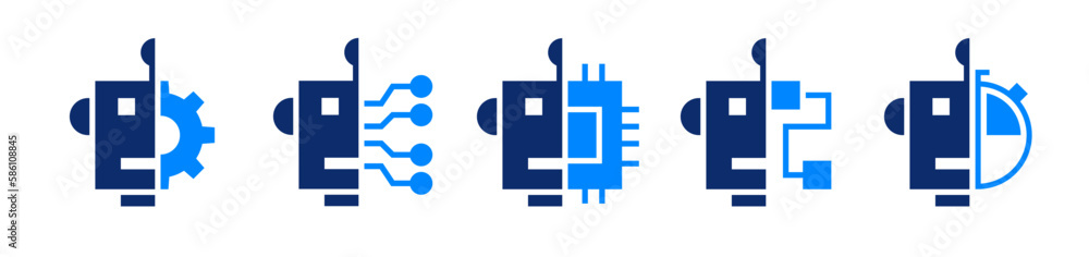 Poster Robot artificial Intelligence solid icons set collection. Smart technology machine system symbol.