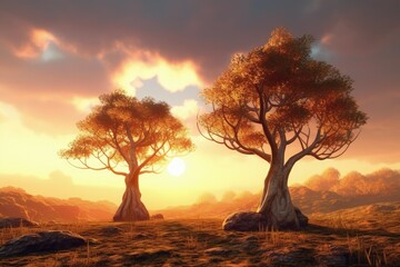 Naklejka premium Illustration of two trees standing in a vast and open field created with Generative AI technology