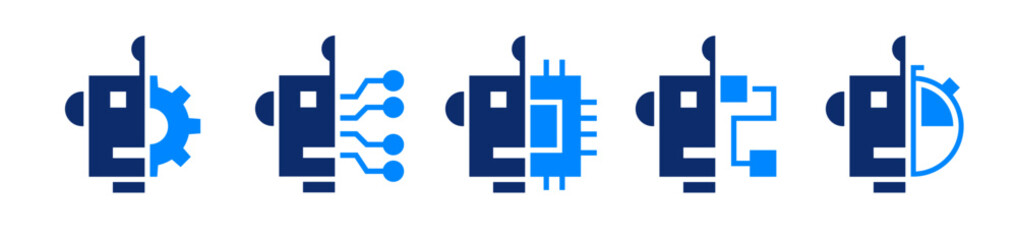 Robot artificial Intelligence solid icons set collection. Smart technology machine system symbol.