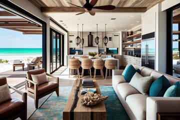beachfront villa with open floor plan, featuring luxe furnishings and modern decor, created with generative ai