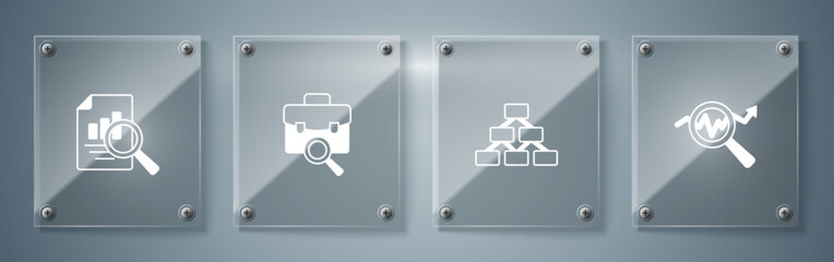 Set Search data analysis, Hierarchy organogram, Work search and Document with graph chart. Square glass panels. Vector