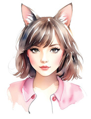 Watercolor cute cat girl