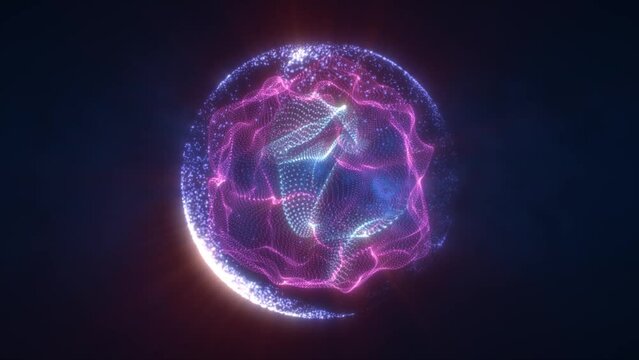 Abstract purple looped energy sphere from particles and waves of magical glowing on a dark background, video 4k, 60 fps