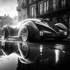 futuristic car prototypes, black and white