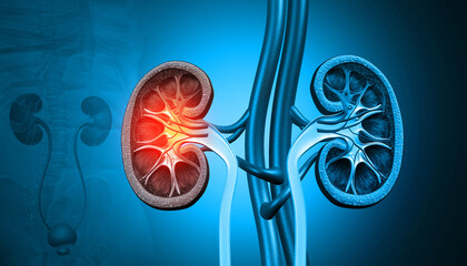 Human Kidney Disease. Medical organ. Cross section. 3d illustration - obrazy, fototapety, plakaty