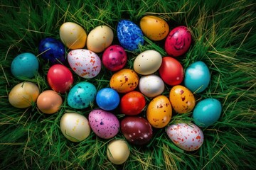 Fototapeta na wymiar group of colorful Easter eggs hidden in the green grass created with Generative AI technology