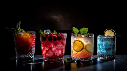 A Collection of Colorful Cocktails in Bright Colors with Fruit Embellishments on a Moody Dark Background, Studio Lighting of Adult Beverages, Alcohol and Liquor - Generative AI