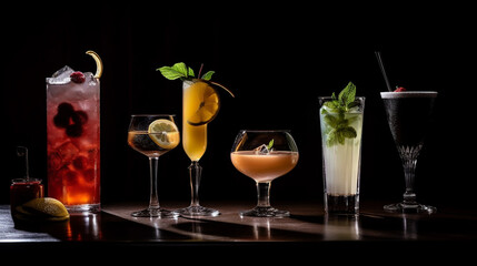 A Collection of Colorful Cocktails in Bright Colors with Fruit Embellishments on a Moody Dark Background, Studio Lighting of Adult Beverages, Alcohol and Liquor - Generative AI