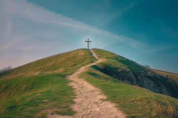 generative ai illustration of cross on the hill, easter concept