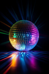 Discokugel mit Discolichtern Lichtstrahlen bunt. Generative Ai.