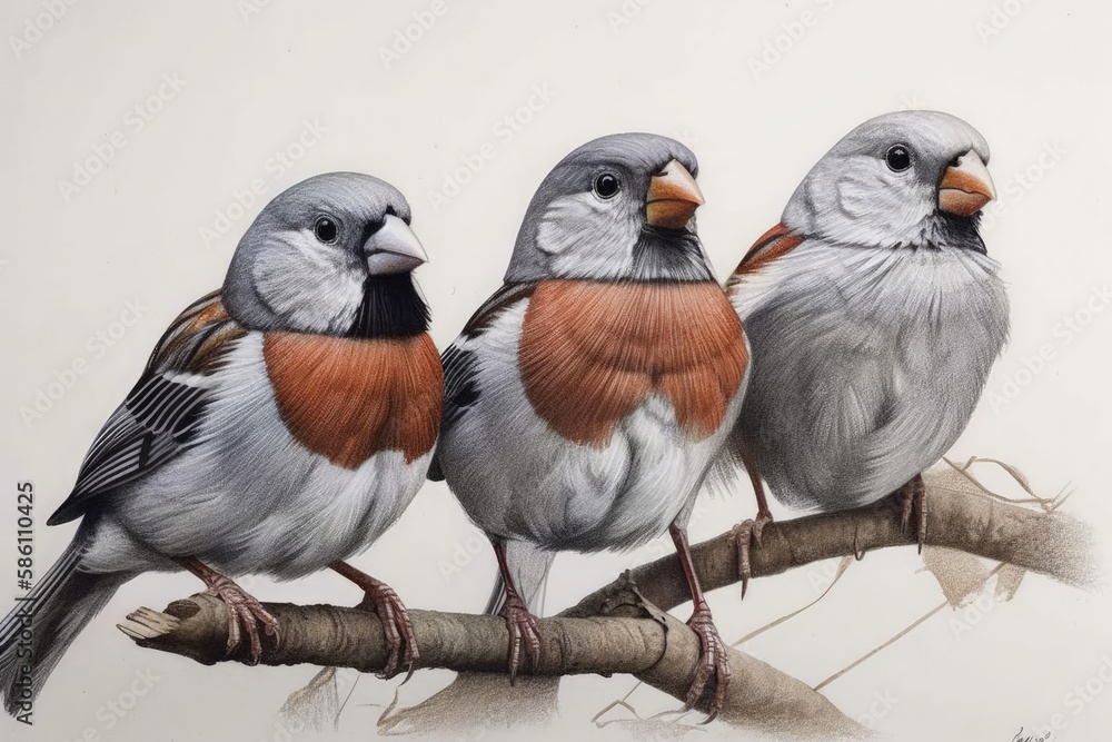 Aufkleber illustration of three birds perched on a tree branch created with generative ai technology
