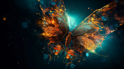 Fototapeta premium Celestial Wallpaper - Abstract Fantasy Fire Butterfly, Featuring Galaxy and Space. Generative AI. 