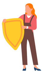 Woman holding golden shield. Girl with security symbol