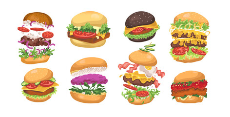 Burgers set. American fast food, buns with different fillings. Hamburgers, cheeseburgers snacks with cheese, meat, lettuce, sauce, bacon. Flat graphic vector illustrations isolated on white background - obrazy, fototapety, plakaty