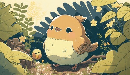 Fluffy cute Bird baby in the forest in laughing happily, style, Animal, Bird baby, Generate Ai
