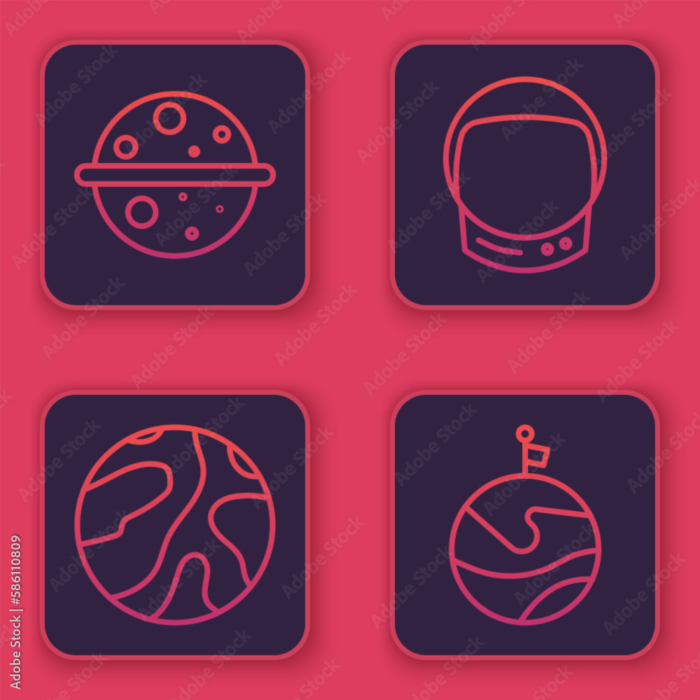 Sticker set line planet venus, falling stars, astronaut helmet and moon with flag. blue square button. vecto