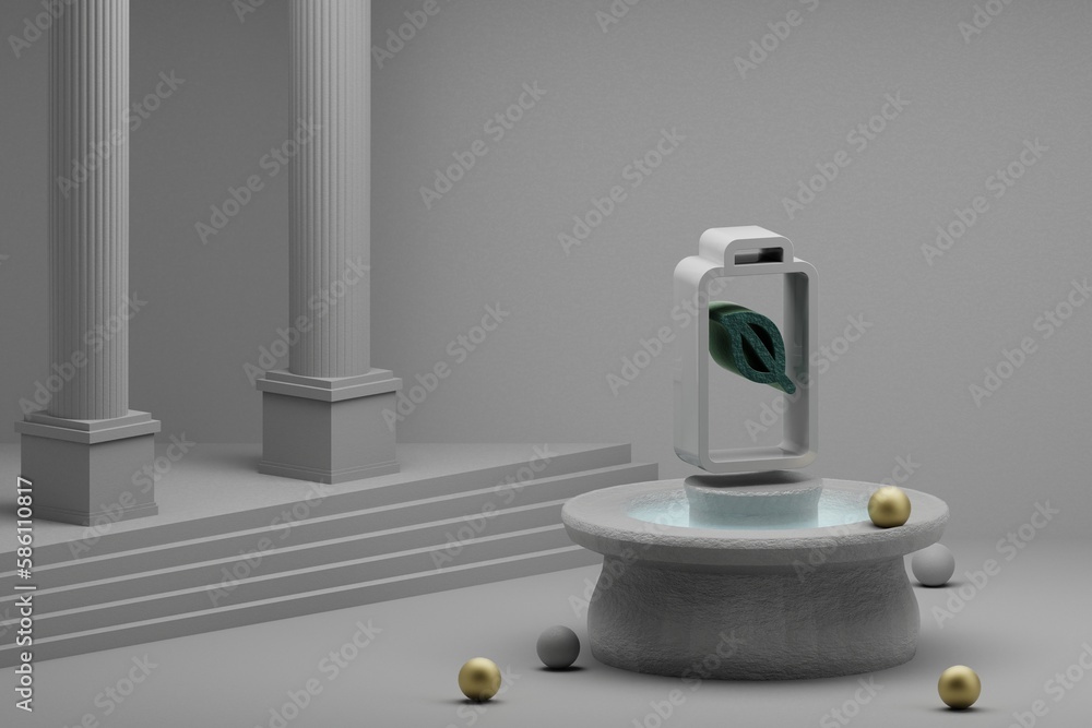 Aufkleber Beautiful abstract illustrations clean energy symbol icon on a fountain and column background. 3d rendering illustration. Save Ecological..